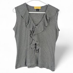 St John Ruffle Front Sleeveless Black/White Striped Top M Nautical Casual